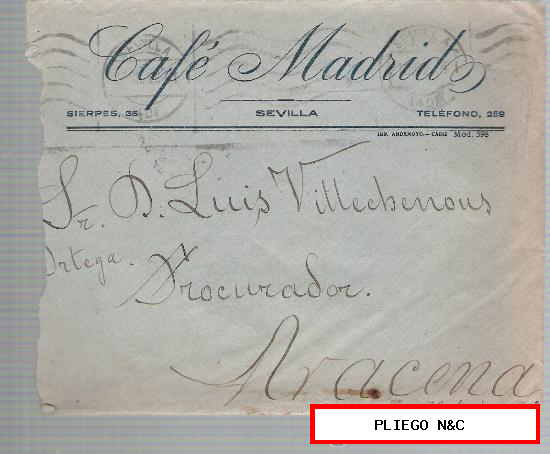 Carta de Sevilla a Aracena. De 21 Dic. 1926. Membrete Café Madrid-Sevilla