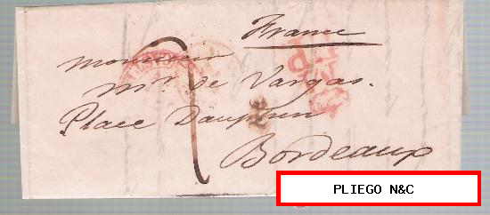 Carta de Madrid a Burdeos, de 2 Abr. 1848. Fechador Baeza 15 R. y marca de porteo 78 R
