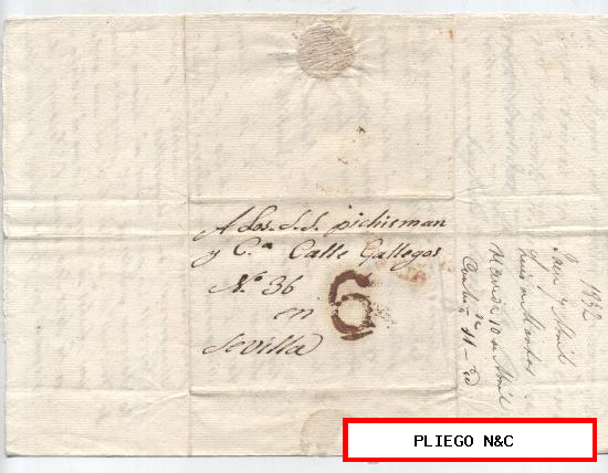 Carta de Jaén a Sevilla. De Abril de 1832. Con marcador Baeza 5 Rojo (borroso) y porteo 6 R