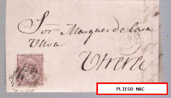 Carta de Sevilla a Utrera. De Octubre 1869. Franqueado con sello 98. Parrilla y Fechador negro