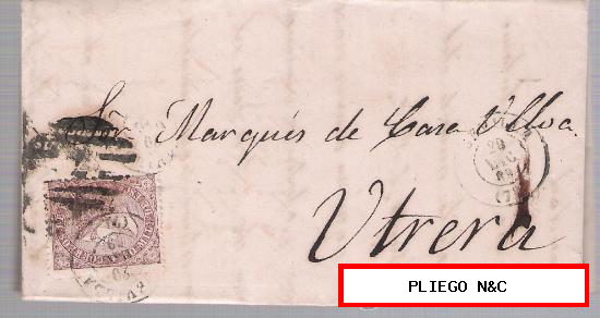 Carta de Sevilla a Utrera. De 2-12-1869. Franqueado con sello 98. Matasello parrilla y doble fechador