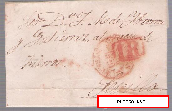 Carta de Cáceres a Sevilla. De 6-enero-1849. Con fechador Baeza 9 R. y porteo 1R. rojo sobre Baeza