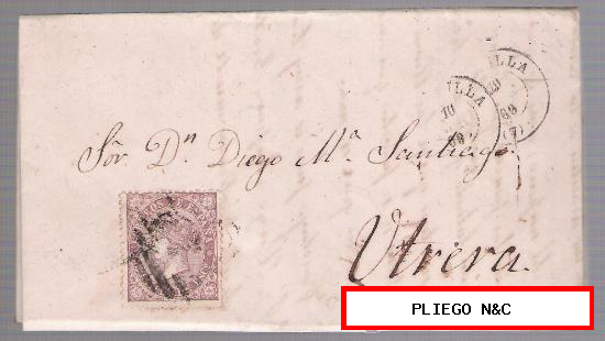 Carta de Sevilla a Utrera. De 10 de Abril de 1869. Franqueado con sello 98, matasello parrilla