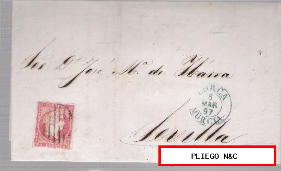 Carta de Lorca a Sevilla. De 7 Marzo 1857. Franqueado con sello 48, matasello parrilla y fechador