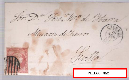 Carta de Cáceres a Sevilla. De 20 Agosto 1857. Franqueado con sello 48, matasello parrilla y fechador