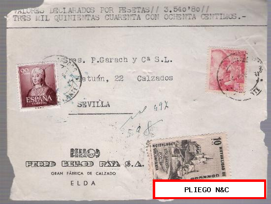 Frontal de carta con membrete. De Elda a Sevilla. Valores declarado. Franqueado con sellos 1094