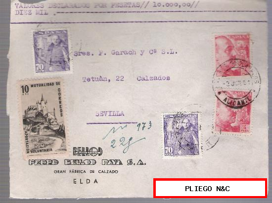 Frontal de carta con membrete de Elda a Sevilla. 2 Jun. 1951. Franqueado con sellos
