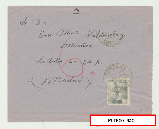 Carta de Palma del Río a Madrid. De 5 de Mayo de 1943. Franqueado con el sello 925