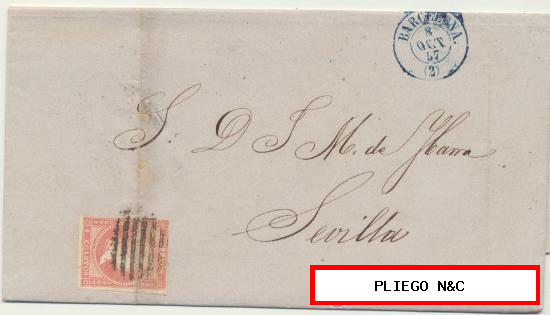 Carta de Barcelona a Sevilla. De 8 Octubre 1857. Franqueado con sello 48, matasello parrilla y fechador verde
