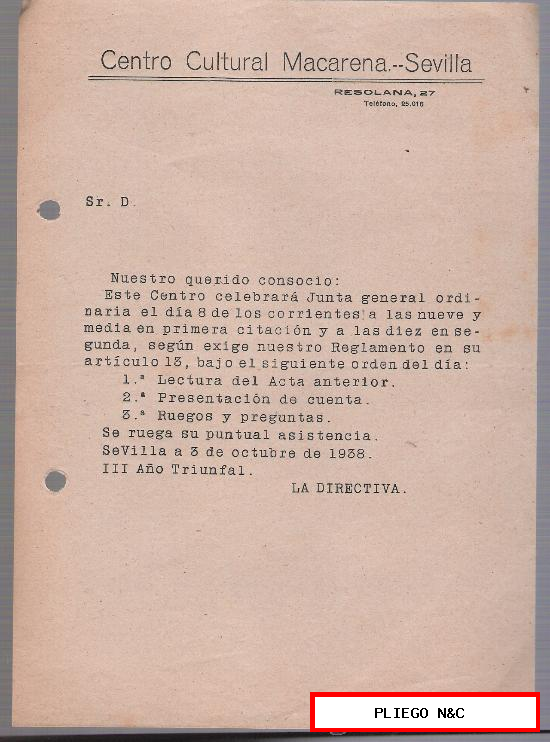 Centro Cultural Macarena. Sevilla. Aviso de Junta General. 3 de Octubre de 1938, III Año Triunfal