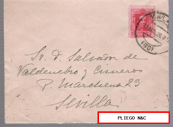 Carta de Málaga a Sevilla. De 17 de Agosto de 1926. Franqueado con sello 317