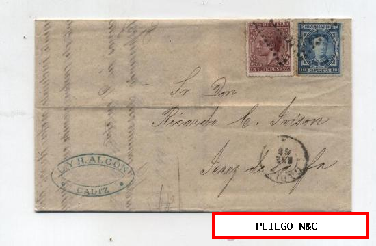 Carta de Cádiz a Jerez de la Frontera de 24 Enero 1878. Franqueado con sellos 175 y 188a, matasellos de rombo