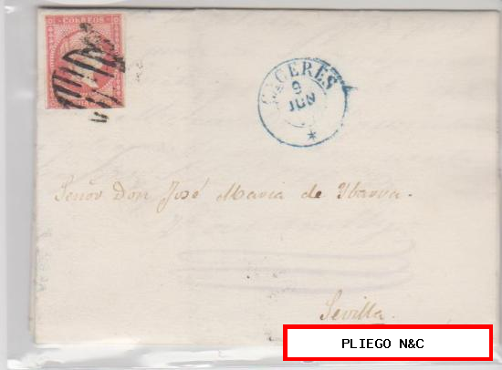 Carta de Cáceres a Sevilla. De 9 junio 1857, Franqueado con sello 48, matasello parrilla negro