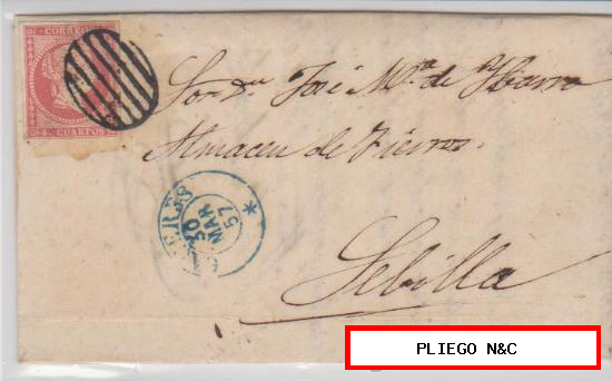 Carta de Cáceres a Sevilla. De 30 Marzo 1857. Franqueado con sello 48, matasellos parrilla negra