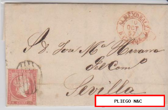 Carta de Almendralejo a Sevilla. De 10 Octubre 1857. Franqueado con sello 48, matasello parrilla
