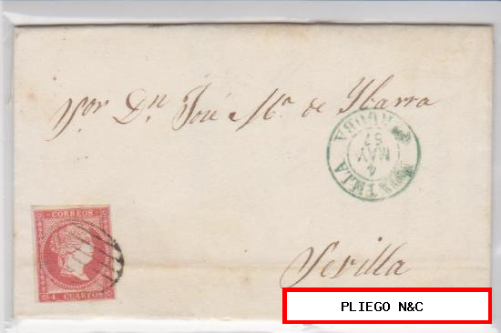Carta de Montilla a Sevilla de 4 mayo 1857. Franqueada con sello 48, matasello parrilla y fechador