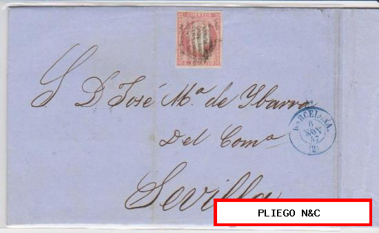 Carta de Barcelona a Sevilla de 6 Noviembre 1857. Franqueada con sello 48, matasello rejilla y fechador