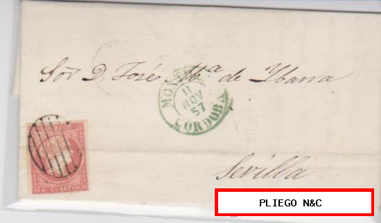 Carta de Montilla a Sevilla de 11 Noviembre 1857. Franqueada con sello 48, matasello parrilla y fechador