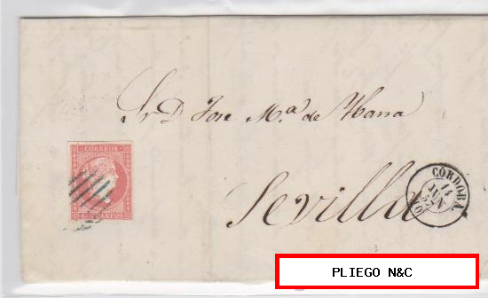 Carta de Córdoba a Sevilla de 14 junio 1857. Franqueado con sello 48, matasellado con parrilla