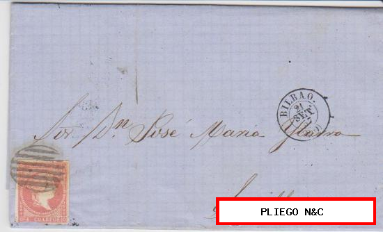 Carta de Bilbao a Sevilla de 21 Septiembre 1857. Franqueada con sello 48, matasello parrilla negra