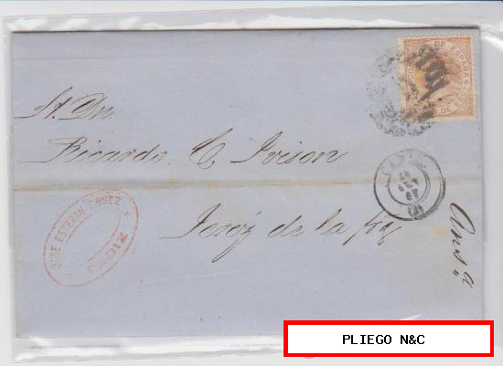 Carta de Cádiz a Sevilla de 28 Septiembre 1867. Franqueada con sello 96, matasello parrilla