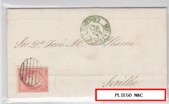 Carta de Montilla a Sevilla de 24 Octubre 1857. Franqueada con sello 48, matasello parrilla negro