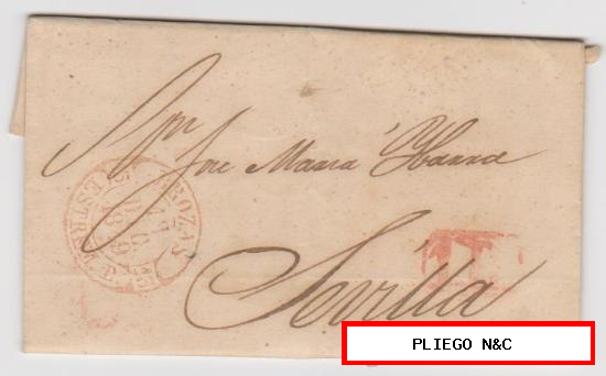 Carta de Brozas a Sevilla de 19 Diciembre 1849. Baeza 5 R. y marca de porteo 1R en rojo