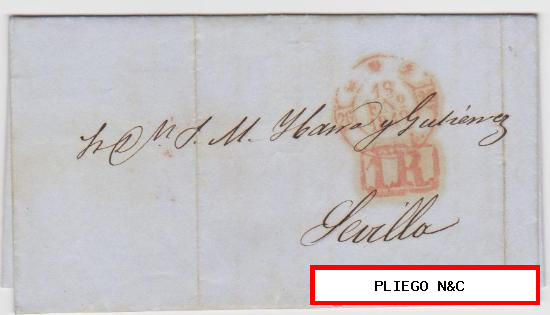 Carta de Cádiz a Sevilla de 19 Enero 1849. Con Baeza 29 R-II. y marca de porteo 1 R. rojo