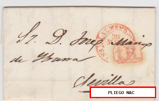 Carta de Almendralejo a Sevilla de 29 Mayo. 1849. Con Baeza 4 R. y porteo 1R rojo