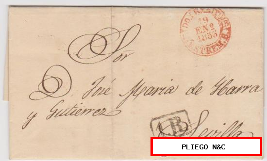 Carta de Don Benito a Sevilla de 19 enero 1853. Con Baeza 4 R. y marca de porteo 1R negro