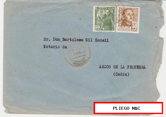 Carta de Ayamonte a Arcos de la Frontera. Franqueada con sellos 1022 y 1025