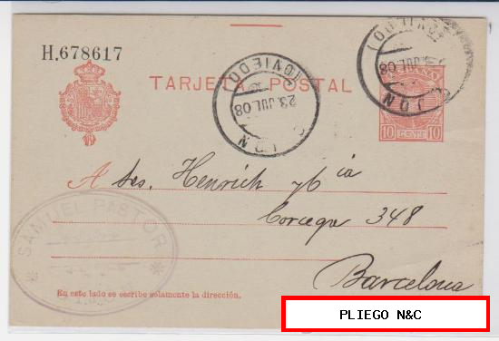Tarjeta Entero Postal de Gijón a Barcelona de 23 de Julio 1908. Edifil 49