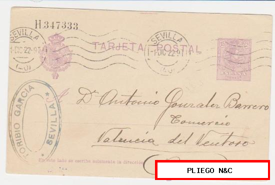 Tarjeta Entero Postal de Sevilla a Badajoz de 1 Dic. 1922. Edifil 50