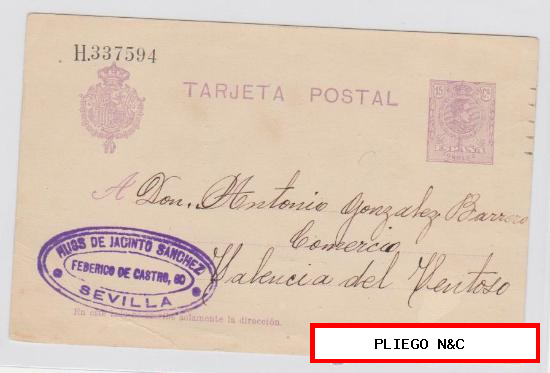 Tarjeta Entero Postal de Sevilla a Valencia del Ventoso de 11-10. 1922. Edifil 50