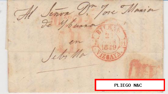 Carta de Bilbao a Sevilla de 22 Marzo 1849. Con Baeza 21 R II. y marca de llegada M26-22 y marca