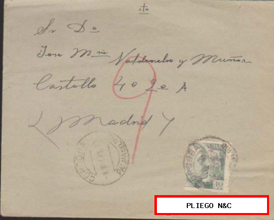 Carta de Palma del Río a Madrid del 8 Mayo 1943. Franqueado con sello 925