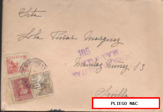Carta de Estación de Invierno-Málaga a Sevilla del 21 Oct. 1939. Sello Pro Málaga