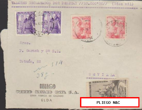 Frontal de carta de Elda a Sevilla del 24 Agos. 1951. Con Edifil 933 (2) y 1030 (2)
