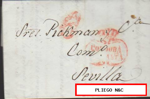 Carta de Córdoba a Sevilla del 28 Jun. 1837. Con marca 6 R. y marca de porteo 6 R