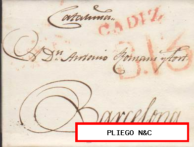 Carta de Cádiz a Barcelona del 6 Junio 1820. Con marca 13 R. y B. 13