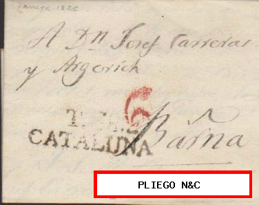 Carta de Tárrega a Barcelona del 26 Ago. 1826. Con marca de Tárrega 6 N. y porteo