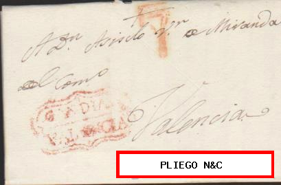 Carta de Gandía a Valencia del 22 Mayo 1821. Con marca 5 R. y porteo 7 rojo