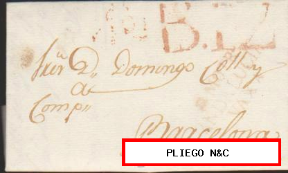 Carta de Motril a Barcelona de Junio de 1823. Con marca 3 R. y fechadores de llegada