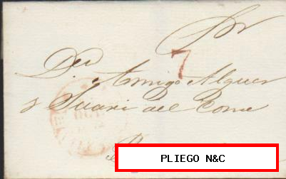 Carta de Valencia a Barcelona del 21 Oct. 1854. Con Baeza 23-II R. y porteo 7 rojo