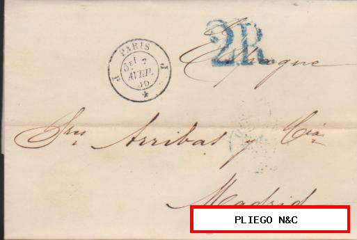 Carta de París a Madrid del 5 Abr. 1856. Fechador de Paris. porteo 2R. Azul y al dorso