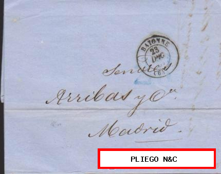 Carta de Bayona a Madrid del 28 Dic. 1857. Fechador de Bayona y marca de porteo