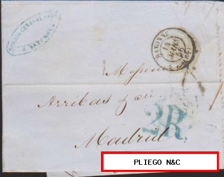 Carta de Bayona a Madrid del 14 Mar. 1856 Fechador de Bayona y marca de porteo