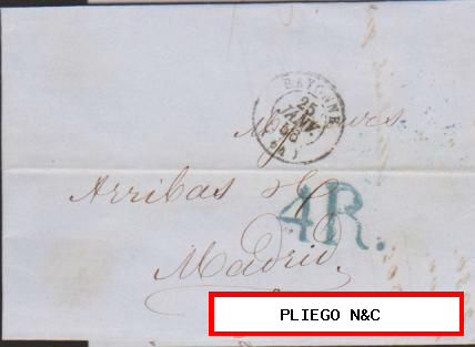 Carta de Bayona a Madrid del 25 Ene. 1858. Fechador de Bayona y marca de porteo