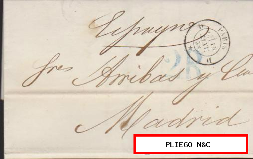 Carta de París a Madrid del 15 Ene. 1858. Fechador de Paris. porteo 2R. Azul y al dorso