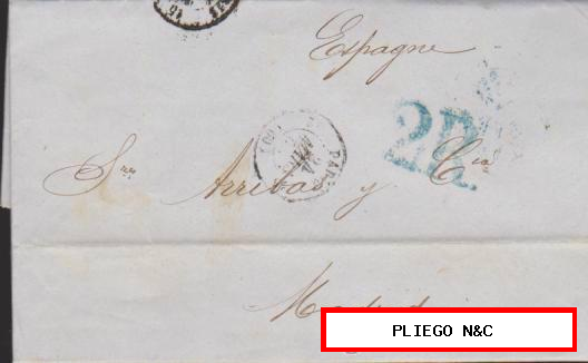 Carta de París a Madrid del 24. Mar. 1856 Fechador de Paris. porteo 2R. Azul y al dorso